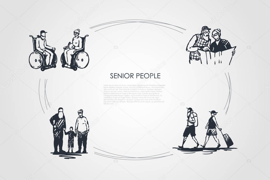 Senior people - old people sitting on wheelchairs, reading newspaper, travelling and walking with grandchildren vector concept set