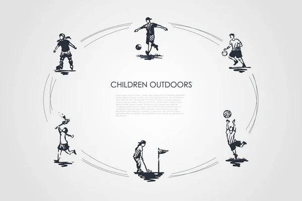 Çocuklar açık havada - çocuklar oynarken futbol, futbol, golf, badminton ve paten kavram kümesi vektör — Stok Vektör