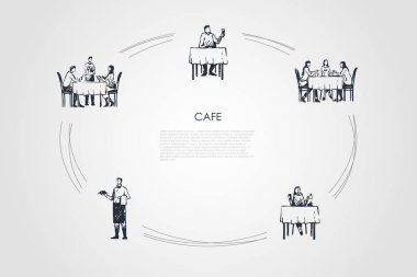 Cafe - restoranda akşam yemeği olan insanlar ve garsonlar sipariş vektör konsepti seti almak