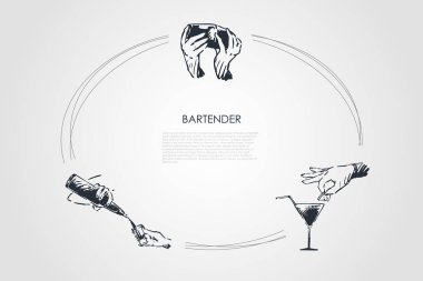 Barmen - barmen el kokteyl sallayarak, cam limon koyarak, şişe vektör kavramı seti içki dökme