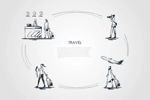 旅行 - 写真を作る女性、飛行機で旅行、スーツケースを運ぶ、ホテルベクトルコンセプトセットでチェックイン — ストックベクタ