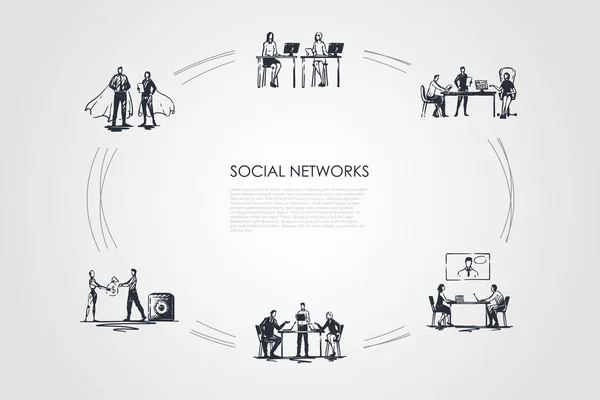 Социальные сети - деловые люди в офисе, связанные с ноутбуками и дисплеями векторного набора — стоковый вектор