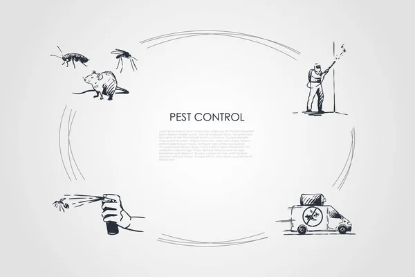 Controle de pragas mouse, spray e trabalhador especial lutando com conjunto de conceito de vetor de pragas — Vetor de Stock