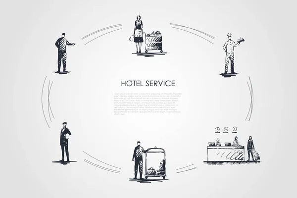 Hotelservice -Mitarbeiter an der Rezeption, Reinigungsdienst, Koch, Kellner und Concierge-Vektor-Konzept — Stockvektor