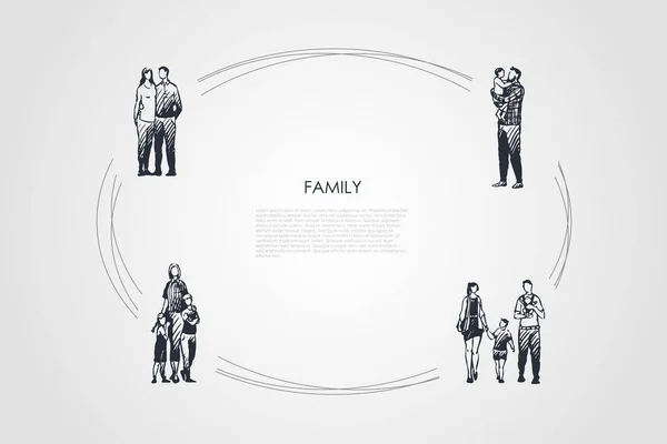 Familia - pareja abrazándose, padre sosteniendo hijo en las manos, familia caminando juntos vector concepto conjunto — Archivo Imágenes Vectoriales