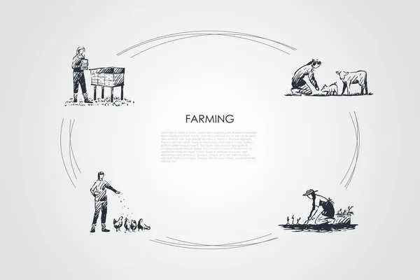 Сільське господарство - жінки, які годують тварин, збирають урожай, доглядають за вуликами Векторний концепт набір — стоковий вектор