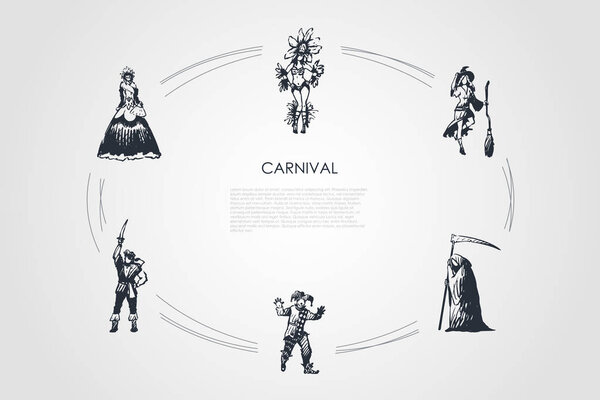 Карнавал - люди в различных традиционных костюмах для особых праздников векторный набор
