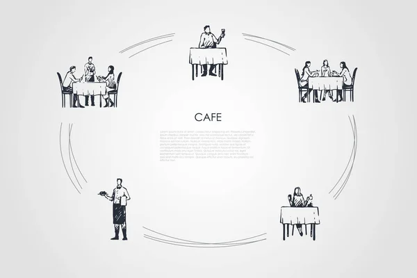 Cafenea - oameni care iau cina în restaurant și chelneri care primesc comenzi set concept vectorial — Vector de stoc