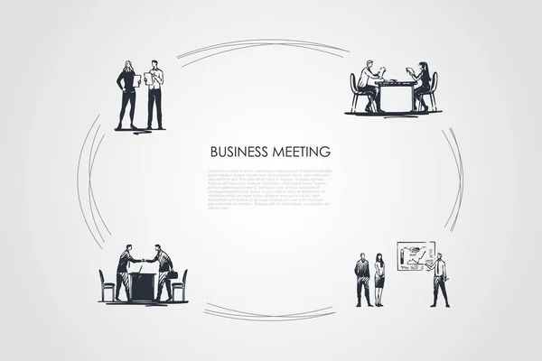 Business meeting - business people making presentations, negociating, making reports, communicating vector concept set — Stock Vector