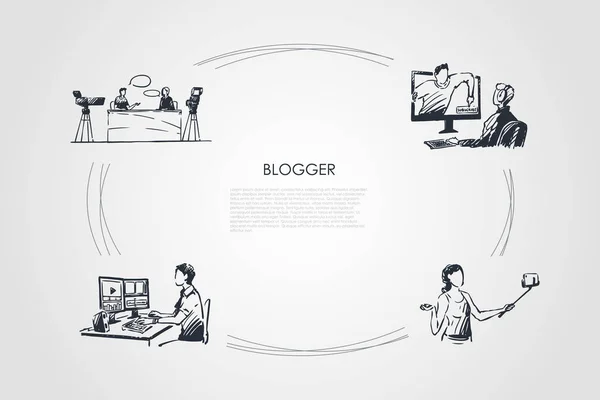 博客作者- -制作自拍、编辑视频、拍摄程序和访问向量概念集的人 — 图库矢量图片
