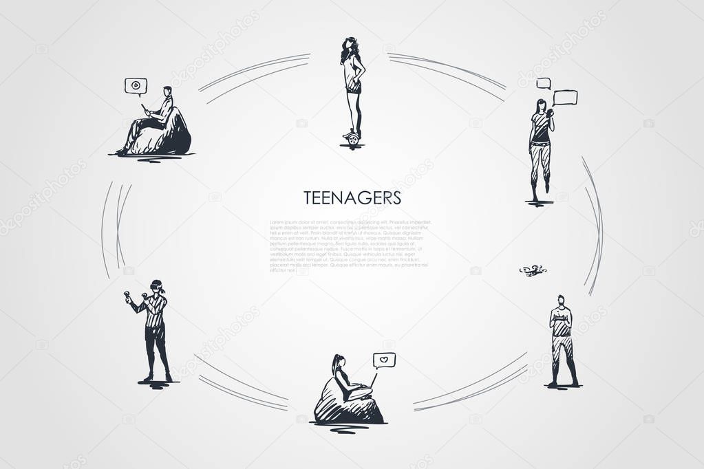 Teenagers - girls and boys playing with modern devices, communicating and riding segway vector concept set
