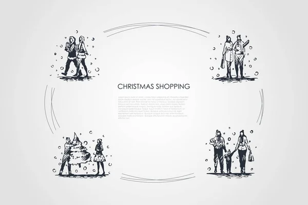 Compras de Navidad - la gente que camina con regalos de Navidad, árbol de año nuevo y bolsas vector concepto conjunto — Archivo Imágenes Vectoriales