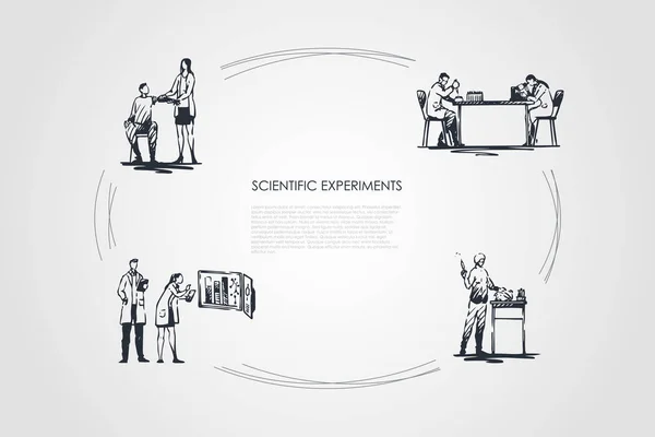 Experimento Científico - trabalhadores médicos que fazem experimentos com sangue e testes em conjunto de conceito de vetor de laboratório —  Vetores de Stock