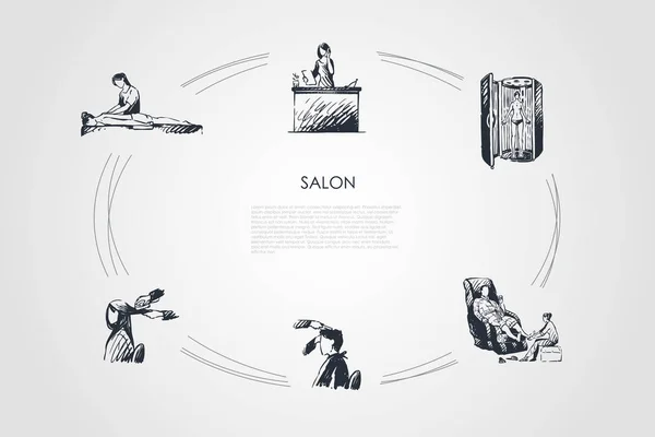 Салон - массаж спины и ног, парикмахерская, солярий и салон приема векторных концепций — стоковый вектор
