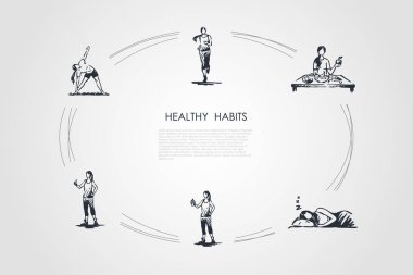 Sağlıklı alışkanlıkları - çalışan, sağlıklı yemek yeme, iyi uyku, fitness yapıyor ve vektör kavramı set egzersizleri