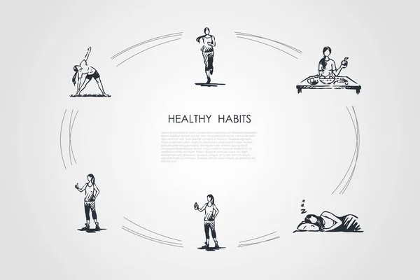 Hábitos saludables - correr, comer alimentos saludables, dormir bien, hacer ejercicio y ejercicios vector concepto conjunto — Vector de stock