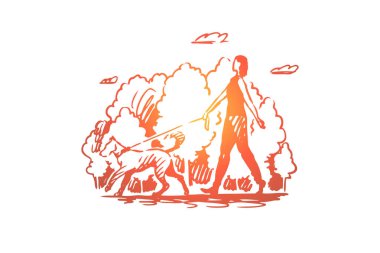 Köpek, kadın, büyük, park, evde beslenen hayvan kavramı. Elle çizilmiş izole vektör.