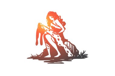 İlkel, kadın, pelt, taş, yaş eski kavram. Elle çizilmiş izole vektör.