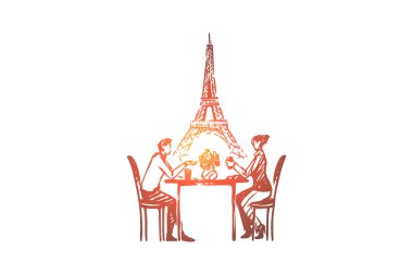 Çift, Paris, aşk, Romantik, duygu kavramı. Elle çizilmiş izole vektör.