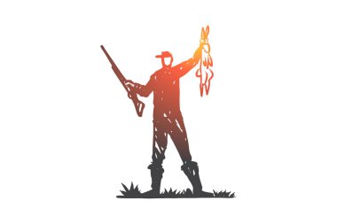 Avcılık, vurdu, tüfek, av, vahşi kavramı. Elle çizilmiş izole vektör.