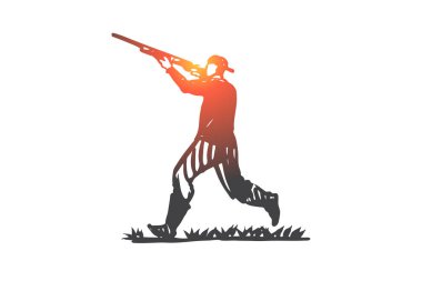 Avcı, tüfek, silah, silah, adam kavramı. Elle çizilmiş izole vektör.