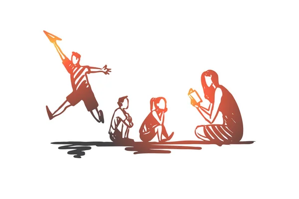 DEHB, çocuk, bütçe açığı, dikkat, hiperaktivite kavramı. Elle çizilmiş izole vektör.