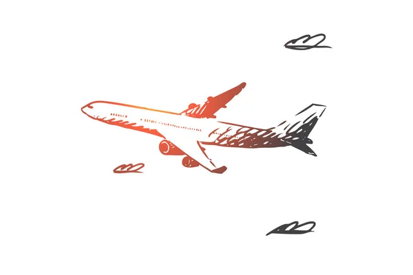 Uçak, gökyüzü, uçak, ulaşım, seyahat kavramı. Elle çizilmiş izole vektör. — Stok Vektör