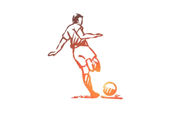 Jugador de fútbol, fútbol, gol, concepto de patada. Vector aislado dibujado a mano . — Archivo Imágenes Vectoriales