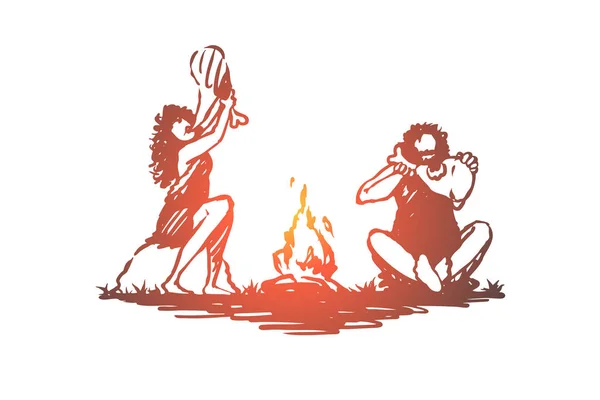 Primitive, people, bonfire, caveman, ancient concept. Hand drawn isolated vector. — Stock Vector