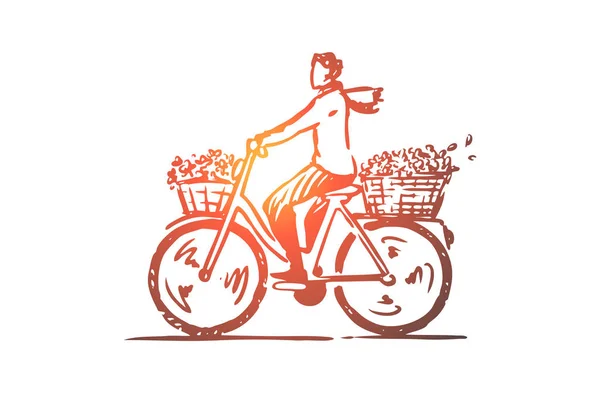 自行车, 女人, 花, 篮子概念。手绘的被隔绝的向量. — 图库矢量图片