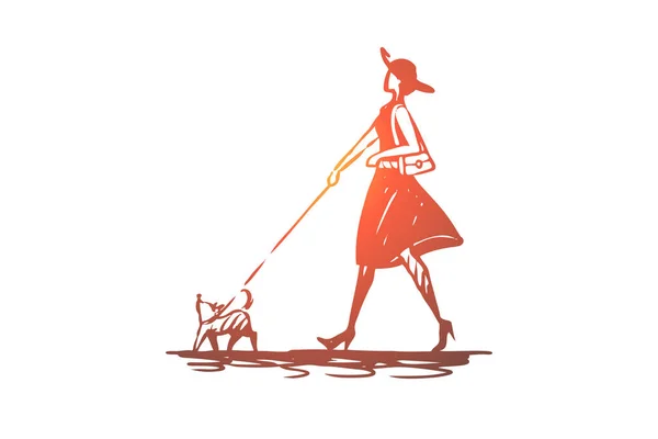 Собака, девочка, прогулка, питомец, животные концепции. Изолированный вектор . — стоковый вектор