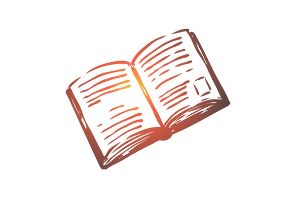 Libro, abierto, papel, literatura, concepto de conocimiento. Vector aislado dibujado a mano . — Vector de stock