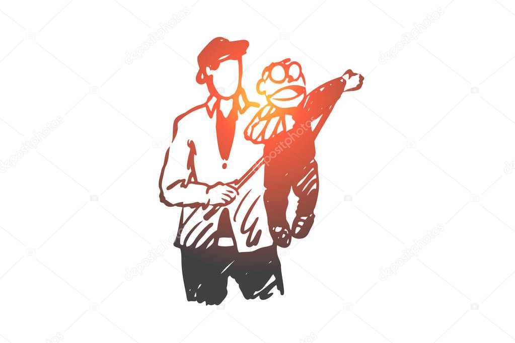 Ventriloquist, man, dummy, performance concept. Hand drawn isolated vector.