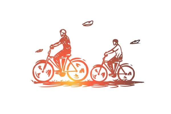 Pai, filho, bicicleta, ativo, juntos conceito. Vetor isolado desenhado à mão . — Vetor de Stock