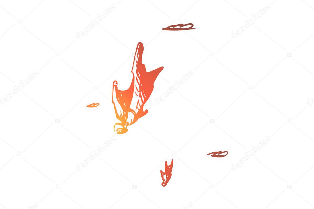 BASE jumping, extreme, wingsuit, fall, skydiving concept. Hand drawn isolated vector.