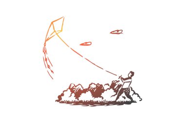 Çocuk, uçurtma, park, gökyüzü, mutlu kavramı. Elle çizilmiş izole vektör.