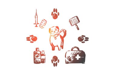 Köpek, Evcil hayvan, hayvan, aksesuar, bakım kavramı. Elle çizilmiş izole vektör.