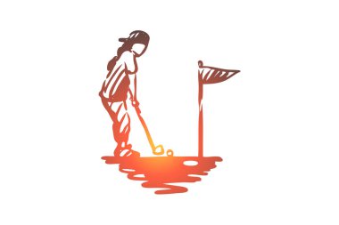 Kız, golf, raket, Golf, spor kavram. Elle çizilmiş izole vektör.