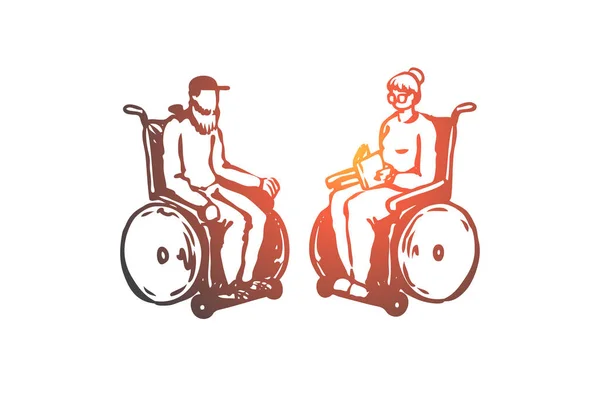 Viejo, mayor, silla de ruedas, enfermería, concepto de edad. Vector aislado dibujado a mano . — Vector de stock
