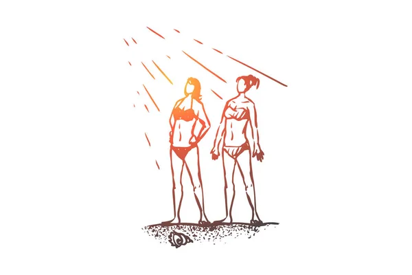 Пляж, дівчинка, літо, море, сонячна концепція. Рука намальована ізольований вектор . — стоковий вектор