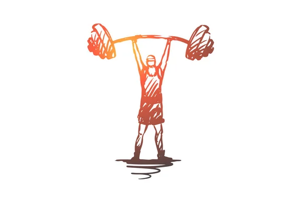 Old, man, barbell, weight, strong concept. Hand drawn isolated vector. — Stock Vector