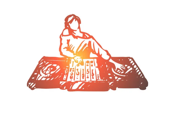 DJ, musica, club, discoteca, party concept. vettore isolato disegnato a mano . — Vettoriale Stock