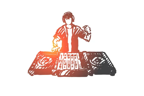 DJ, musique, club, discothèque, concept de fête. Vecteur isolé dessiné à la main . — Image vectorielle