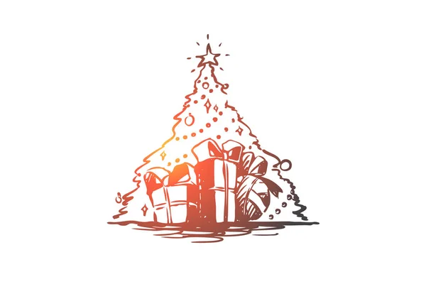 Navidad, árbol, regalo, vacaciones, concepto de celebración. Vector aislado dibujado a mano . — Archivo Imágenes Vectoriales