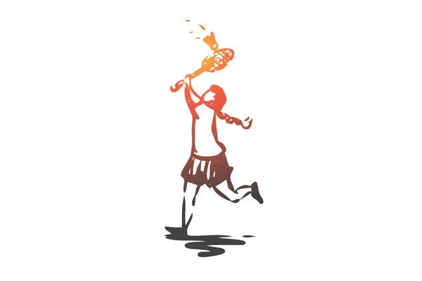 Dívka, badminton, raketa, hra, sport koncept. Ručně kreslenou izolované vektorové. — Stockový vektor