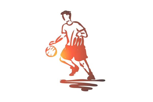 소년, 스포츠, 농구, 공, 스포츠 개념. 손으로 그린된 고립 된 벡터. — 스톡 벡터