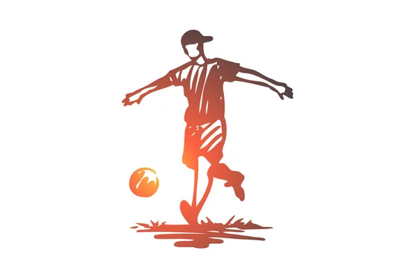 Niño, deporte, fútbol, pelota, concepto de niño. Vector aislado dibujado a mano . — Vector de stock