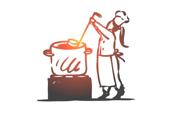 Ragazza, cucina, zuppa, padella, concetto di chef. vettore isolato disegnato a mano . — Vettoriale Stock