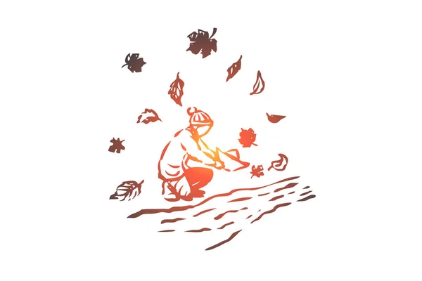 Herbst, Junge, Fluss, Jahreszeit, Papierkonzept. von Hand gezeichneter isolierter Vektor. — Stockvektor