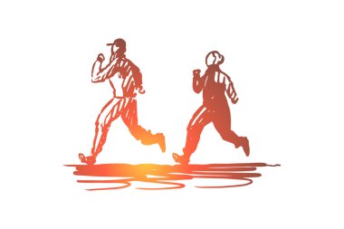 Çalışan, kadın, yaşlı, Çift konsept spor. Elle çizilmiş izole vektör.